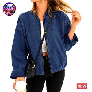 Lightweight Denim Bomber Jacket Casual Zip Up Shacket Retro Y2K Style